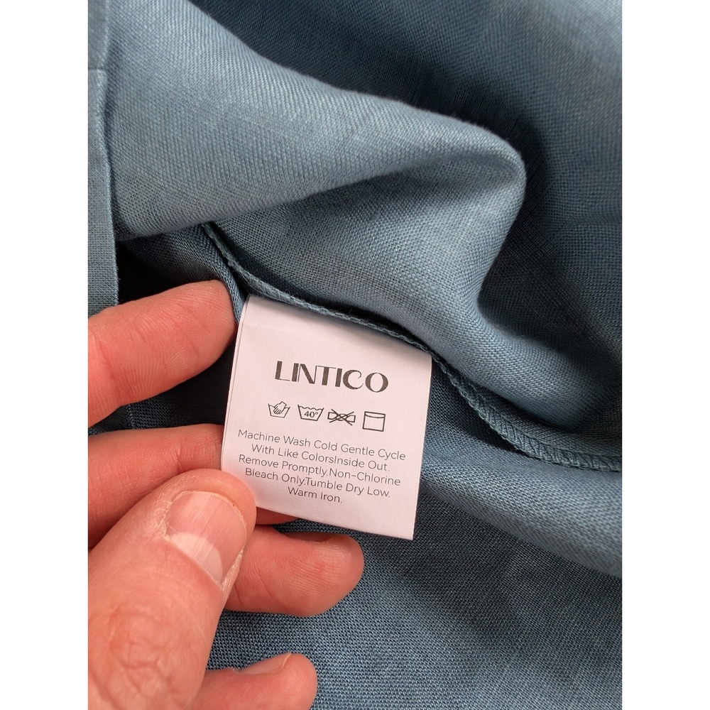 Lintico Elastic Waistband Dress Womens Medium NWT 100% Linen‎ V-Neck Steel Blue - Picture 5 of 7